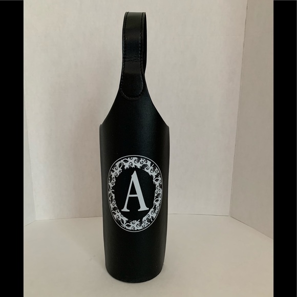 Wine Bottle Tote Gift Neoprene Monogrammed "A" Faux Leather Black White 16” X 4” - Picture 4 of 10